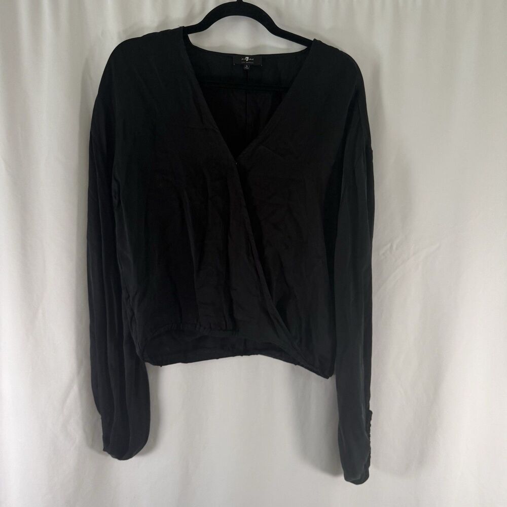 7 for all Mankind Satin Blouse Women's Small Black Long Sleeve Faux Wrap